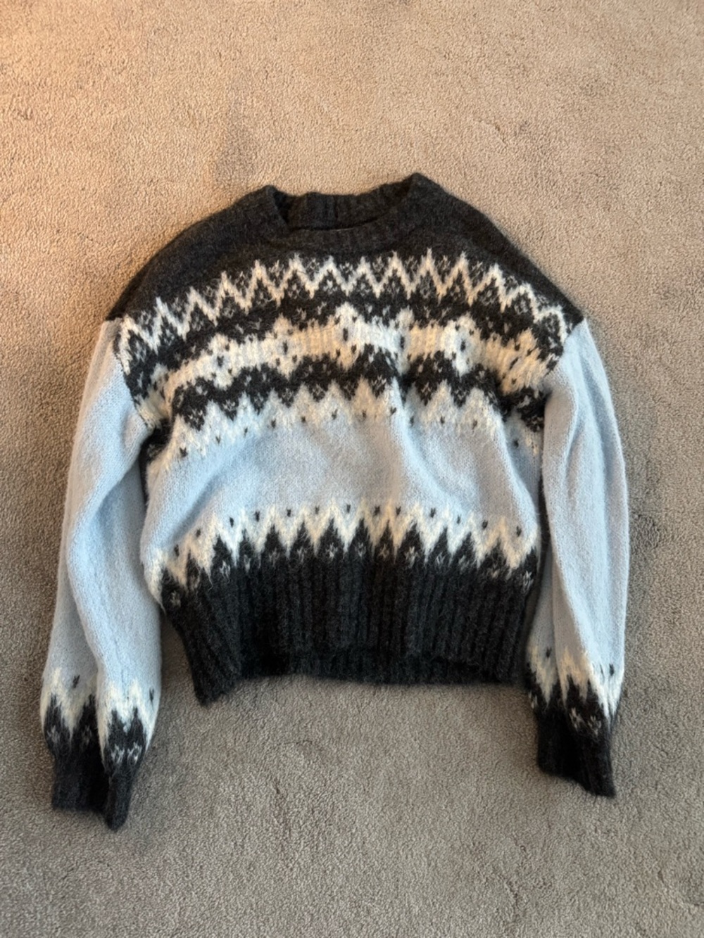 LOFT Light Blue and Charcoal Fair Isle Crewneck Sweater
